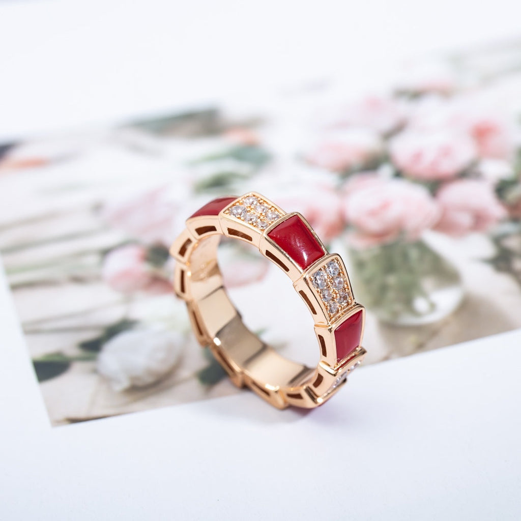 Bvlgari Serpenti Ring Pink Gold Carnelian Cubic Zirconia Paved 4MM