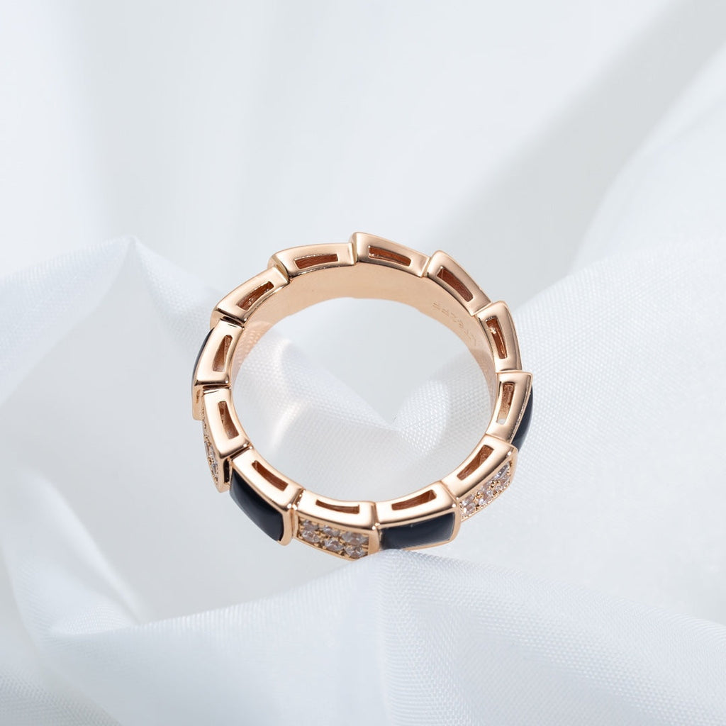 Bvlgari Serpenti Ring Pink Gold Black MOP Cubic Zirconia Paved 4MM