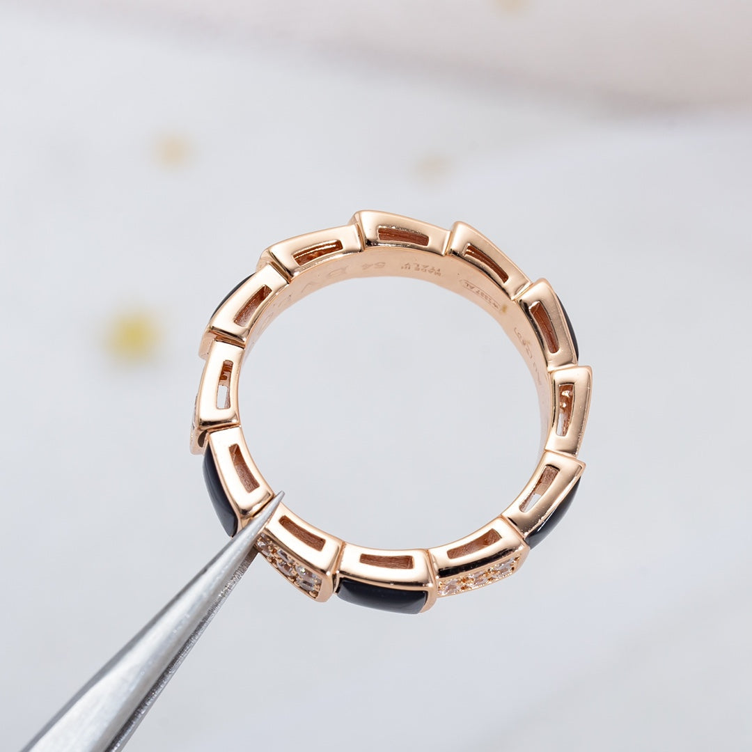Bvlgari Serpenti Ring Pink Gold Black MOP Cubic Zirconia Paved 4MM