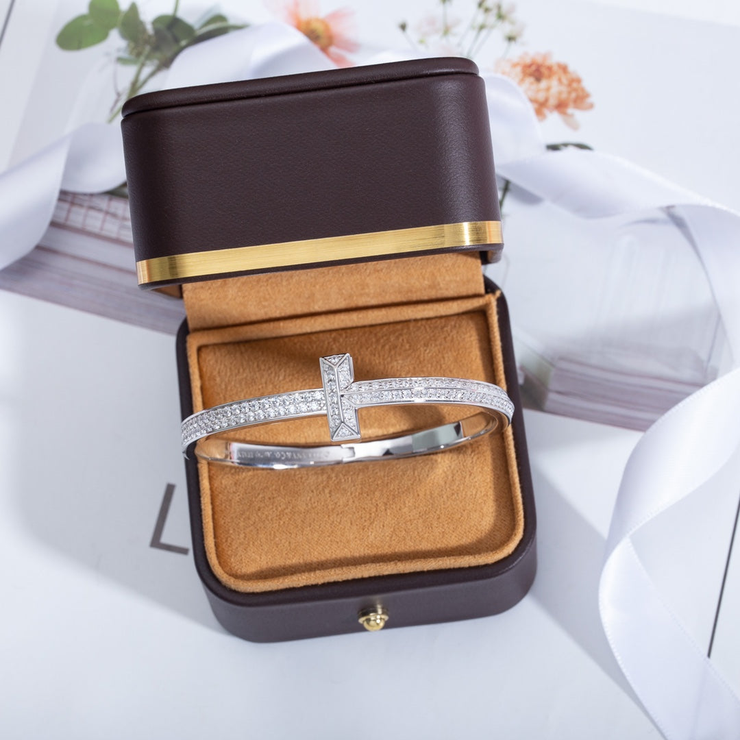 Tiffany Wide Cubic Zirconia Hinged Bangle Silver