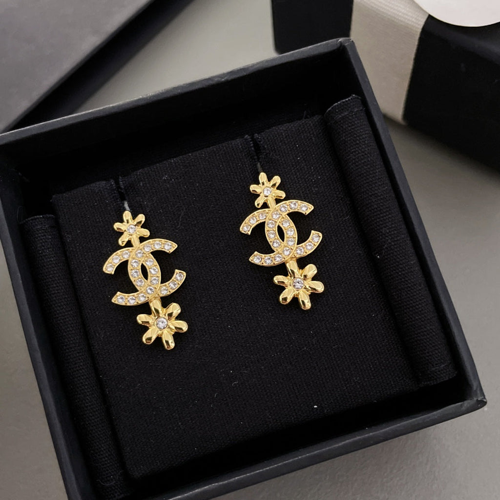 Chanel Double Flower Gold Cubic Zirconia Drop Earrings