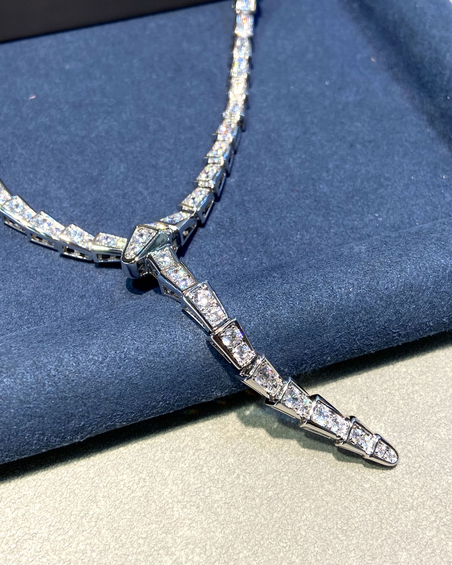 Bvlgari Serpent Cubic Zirconia Paved Slim Silver Necklace