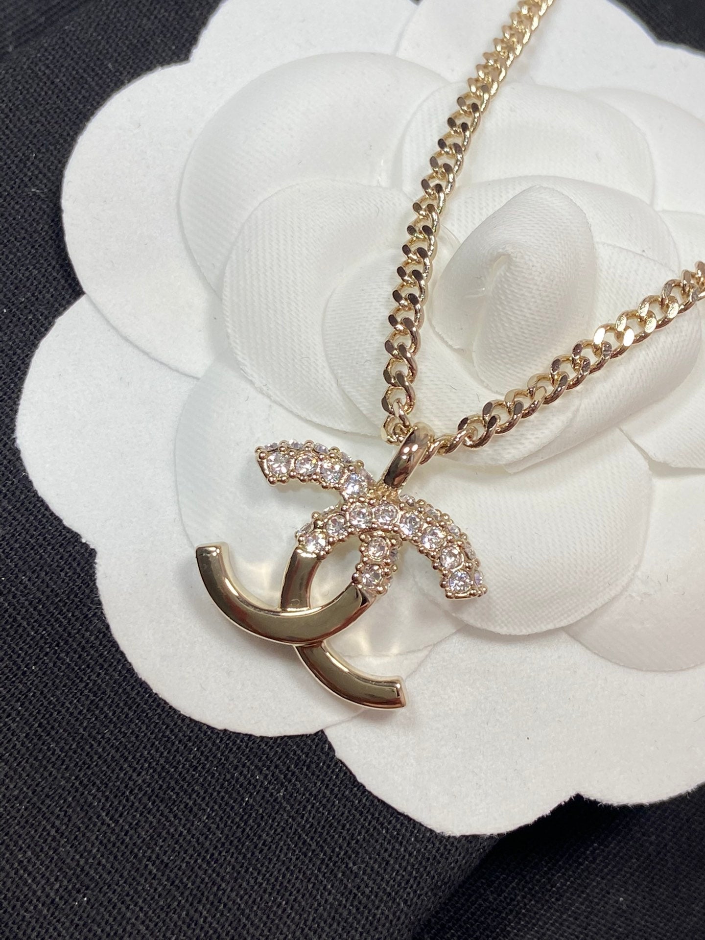 Chanel Pendant Half Cubic Zirconia Pink Gold Necklace