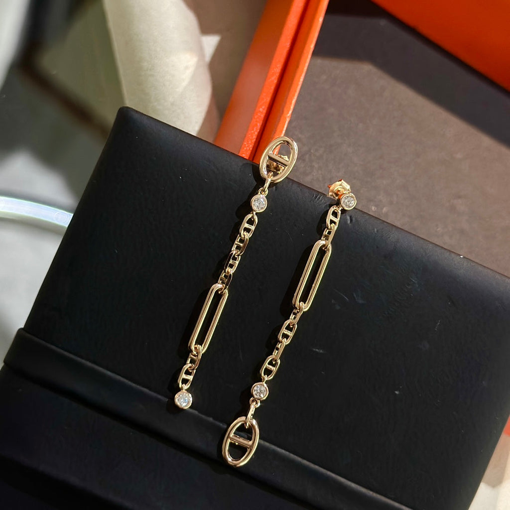 Hermes Chaine 3 Diamond Drop Pink Gold Earrings