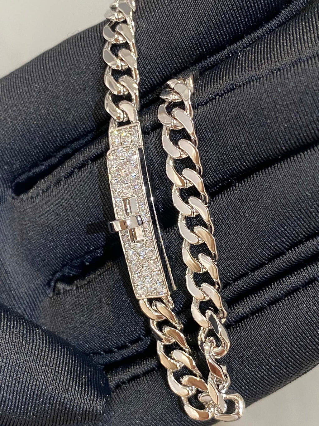 Hermes H Kelly Gourmette Silver Diamond Bracelet