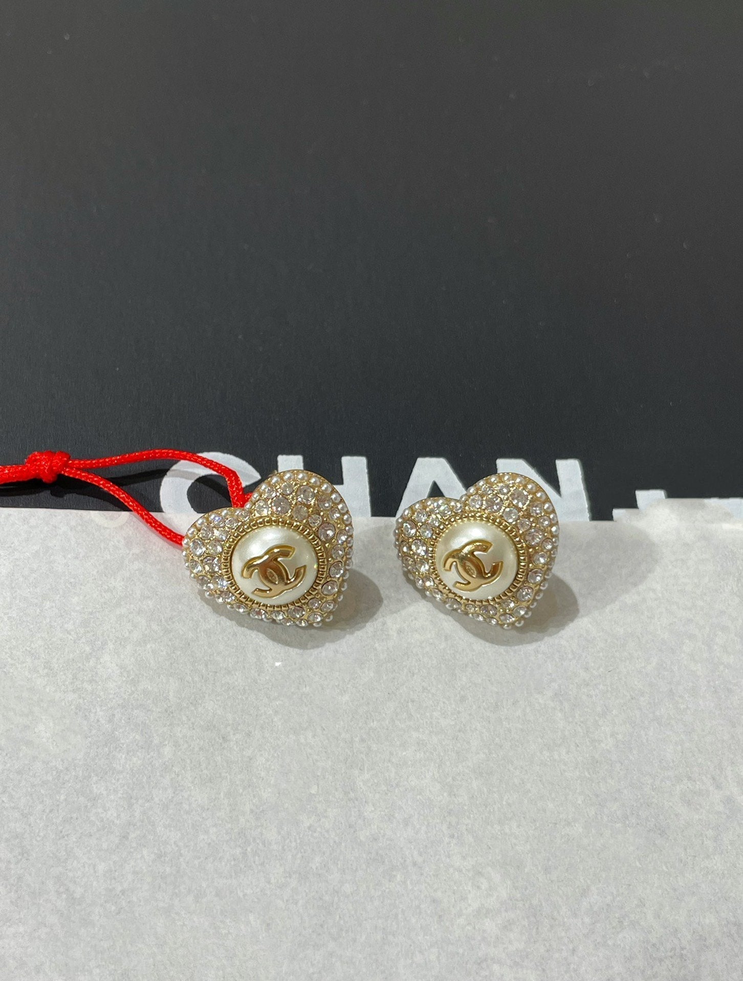 Chanel Heart Cubic Zirconia Paved MOP Stud Earrings