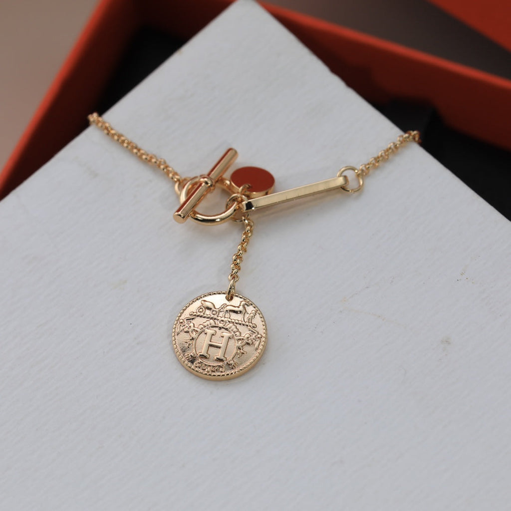 Hermes HM Round Card Silver Pink Gold Drop Necklace