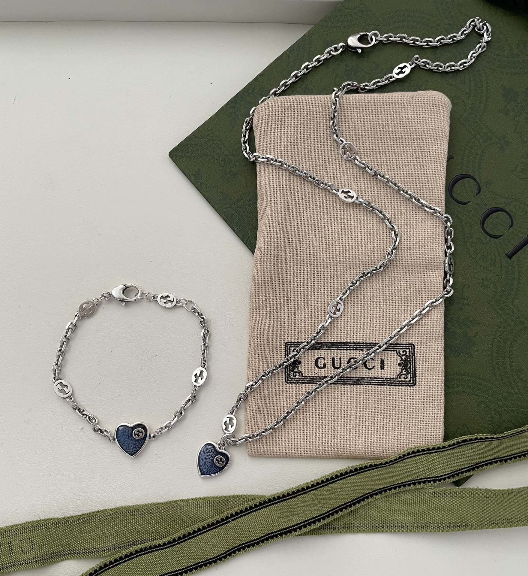 Gucci GG Hearts Sterling Silver Blue Enamel Pendant Necklace