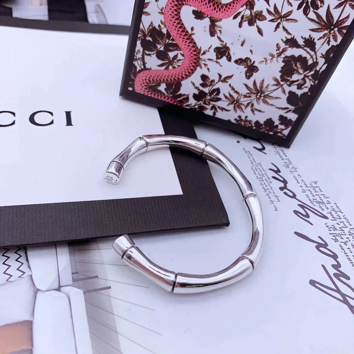 Gucci Sterling Silver High Bamboo Open Bracelet