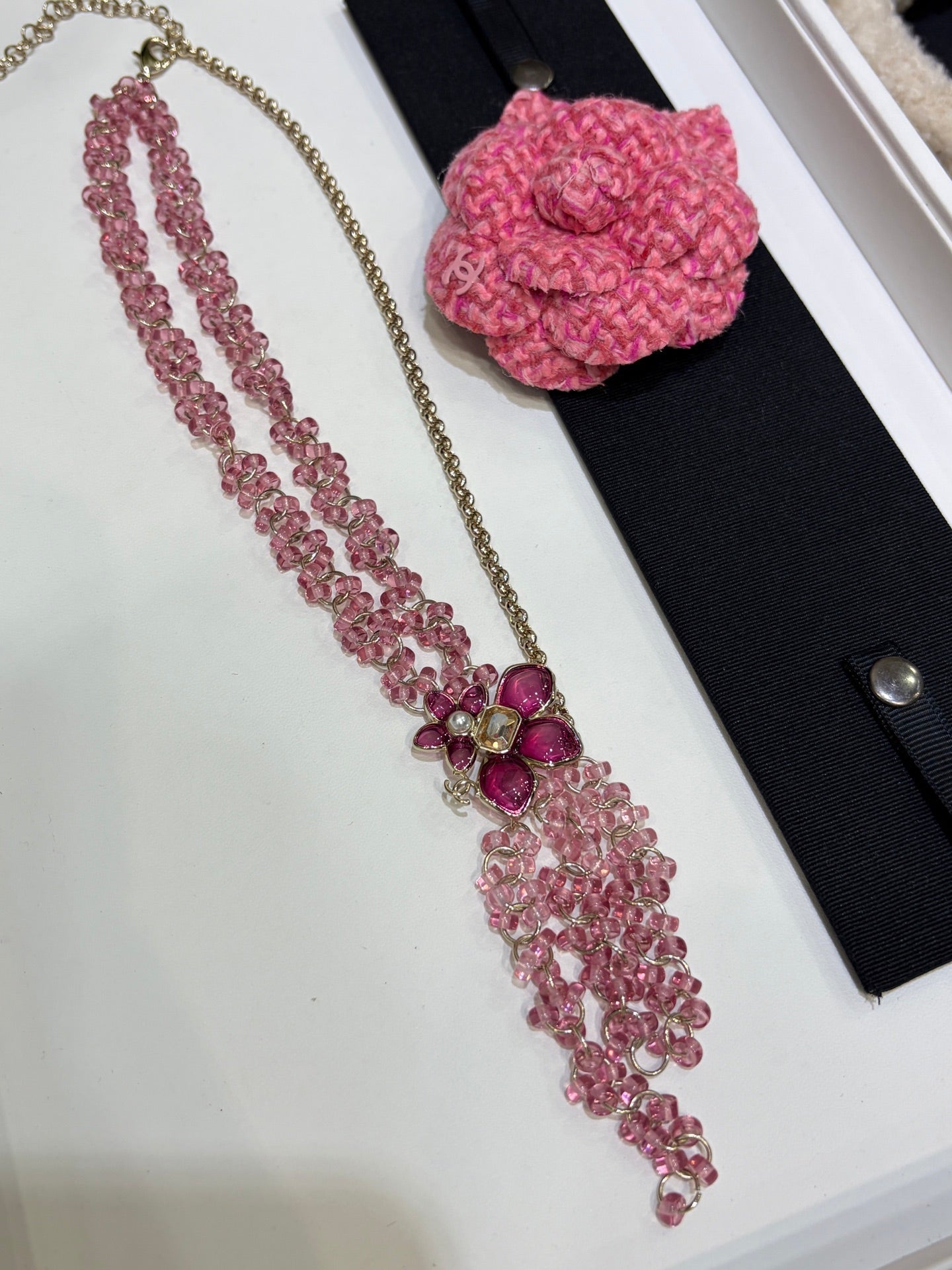 Chanel 2026 Double C Pink Beaded Asymmetrical Flower Necklace