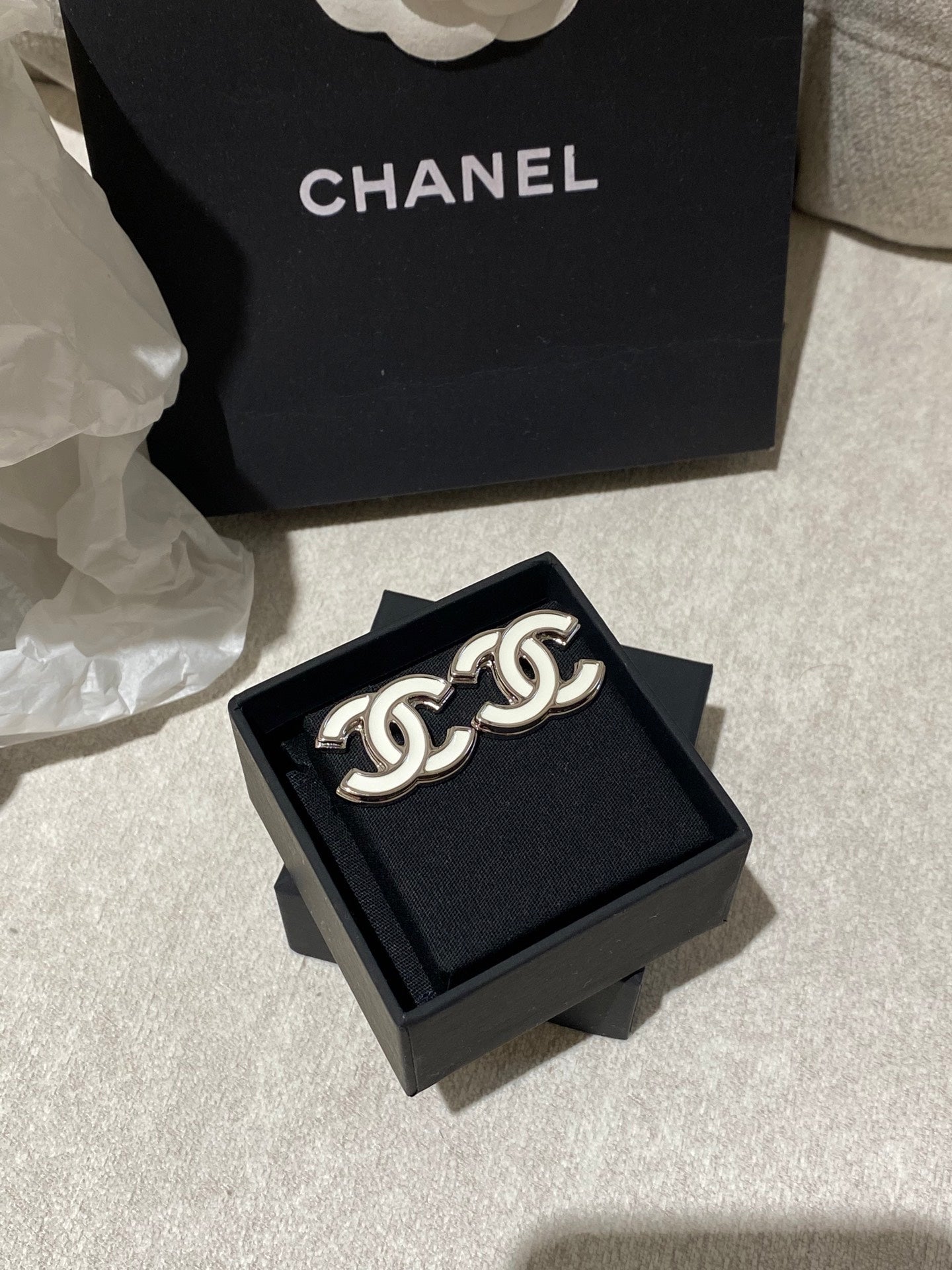 Chanel Classic White Silver Enamel Double C Earrings - Style 1
