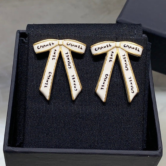 Chanel Black Letter Earrings with White Ribbon and Bow