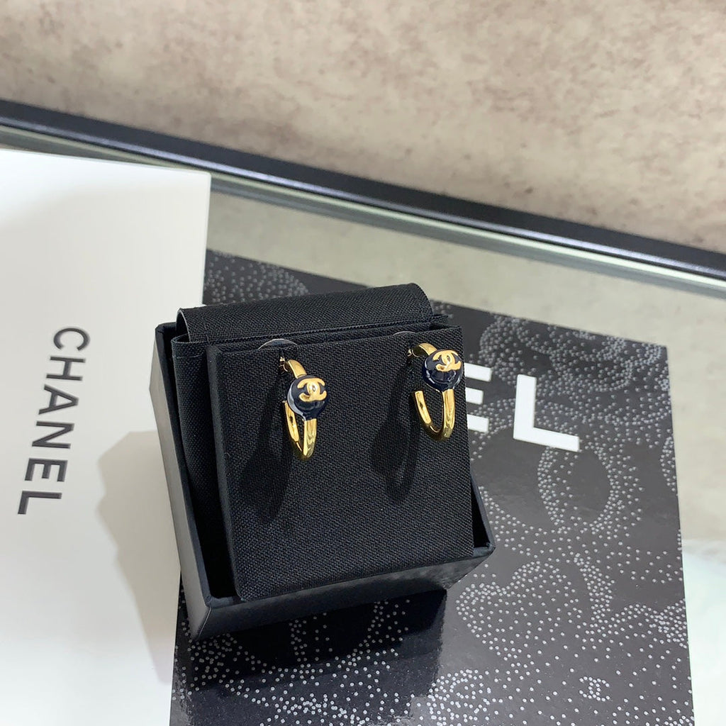 Chanel 2026 Navy Blue Enamel Ball Double C Hoop Earrings