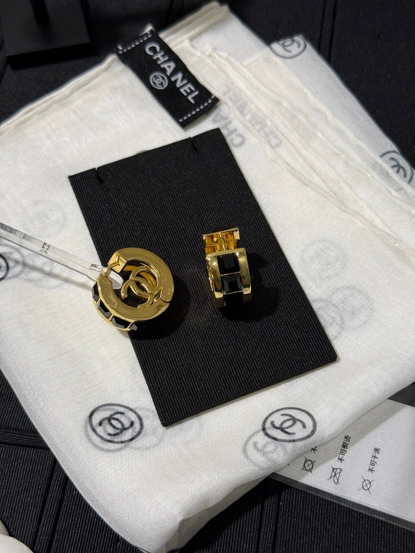 Chanel 2026 Black Square Diamond Gold Double C Hoop Stud Earrings
