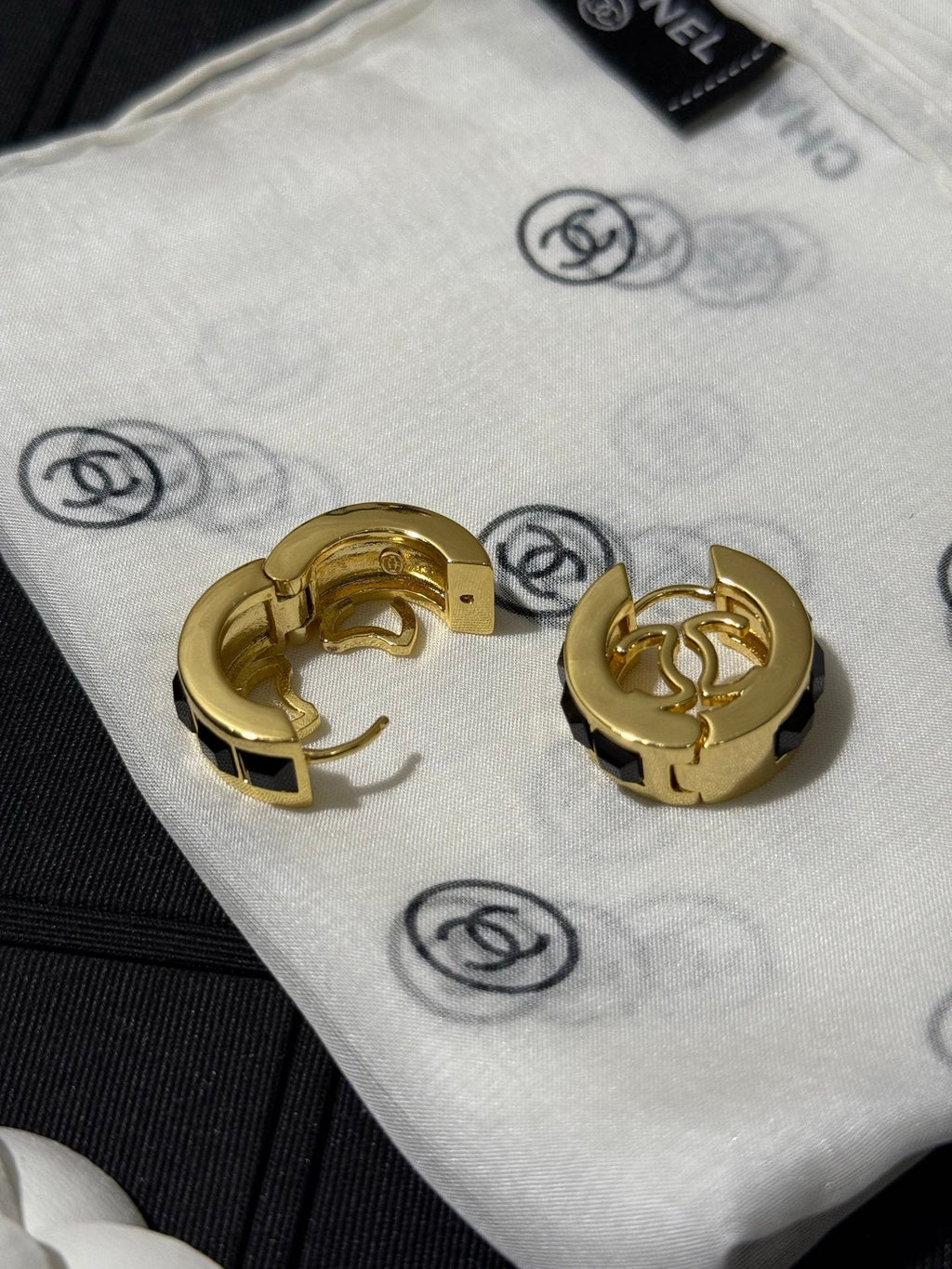 Chanel 2026 Black Square Diamond Gold Double C Hoop Stud Earrings