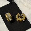 Chanel 2026 White Square Diamond Gold Double C Hoop Stud Earrings
