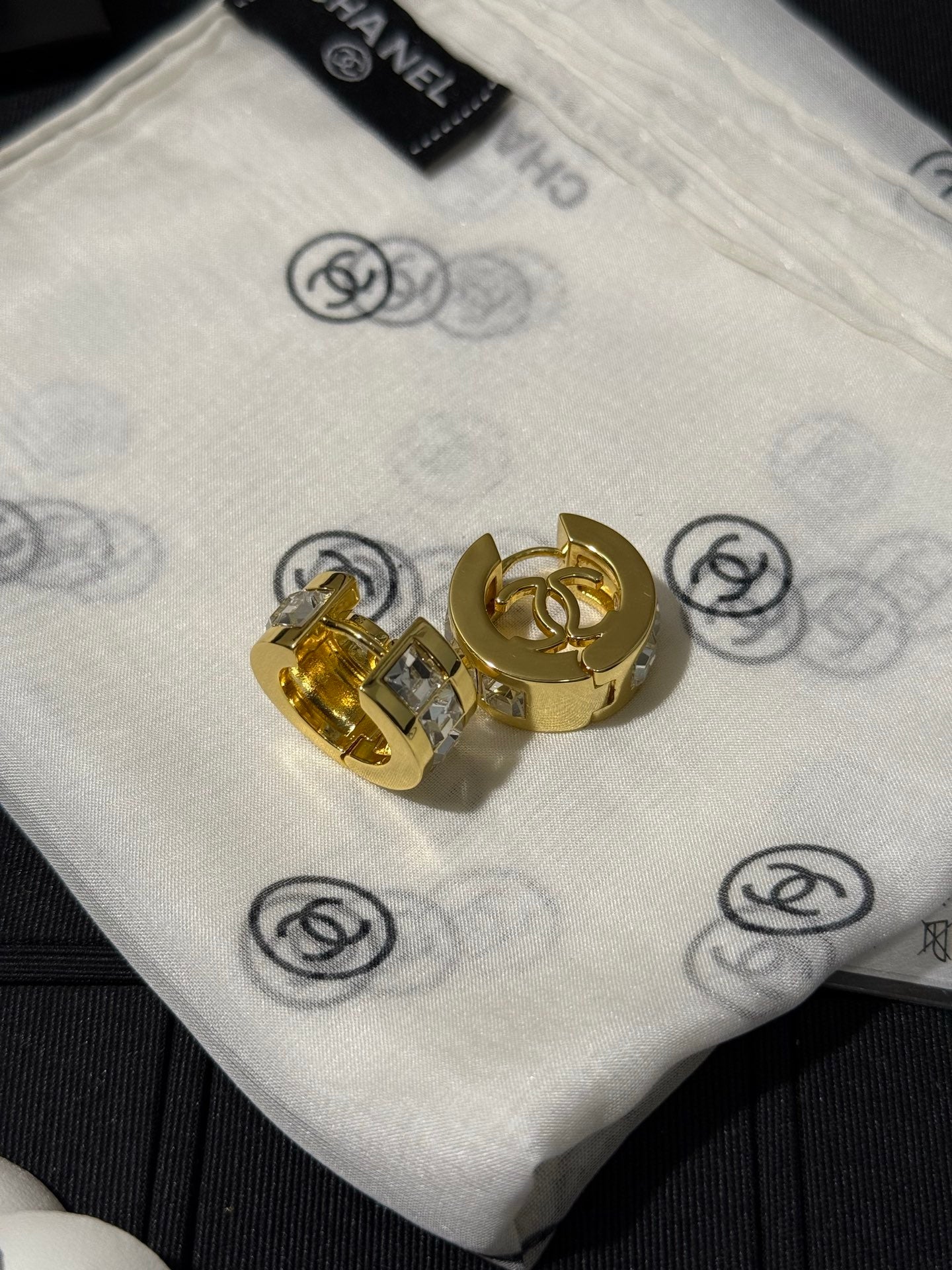Chanel 2026 White Square Diamond Gold Double C Hoop Stud Earrings