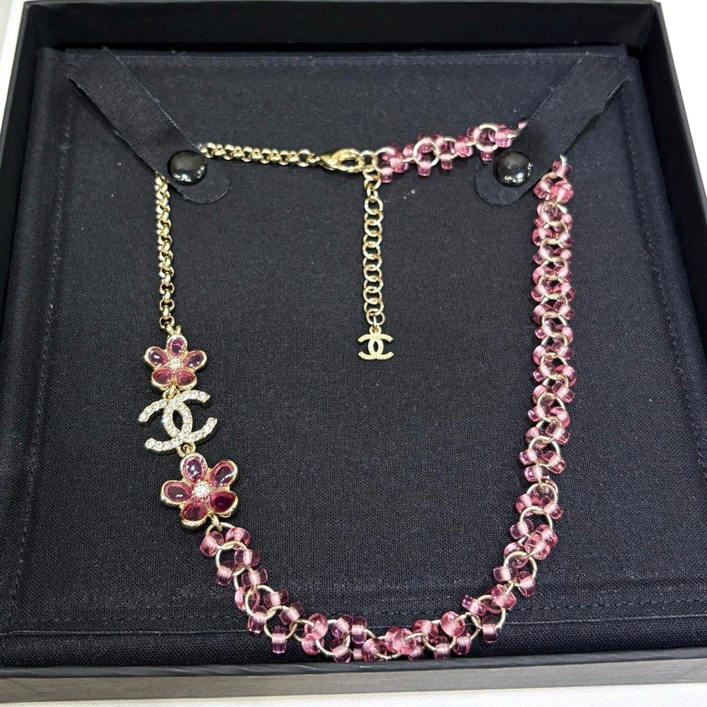 Chanel 2026 Double C Pink Acrylic Flower Beaded Necklace