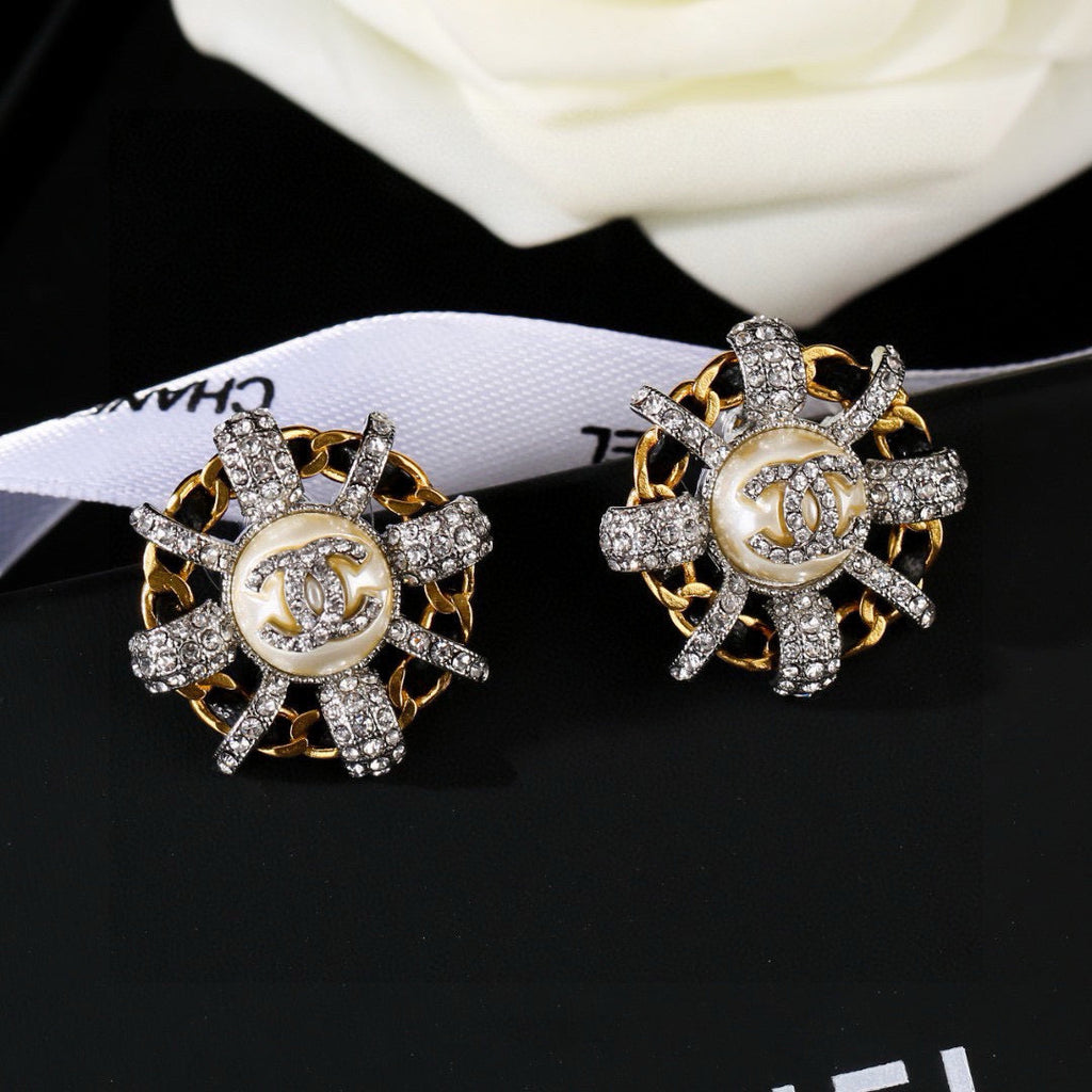 Chanel Mini Stud Silver Gold Black Diamond Earring