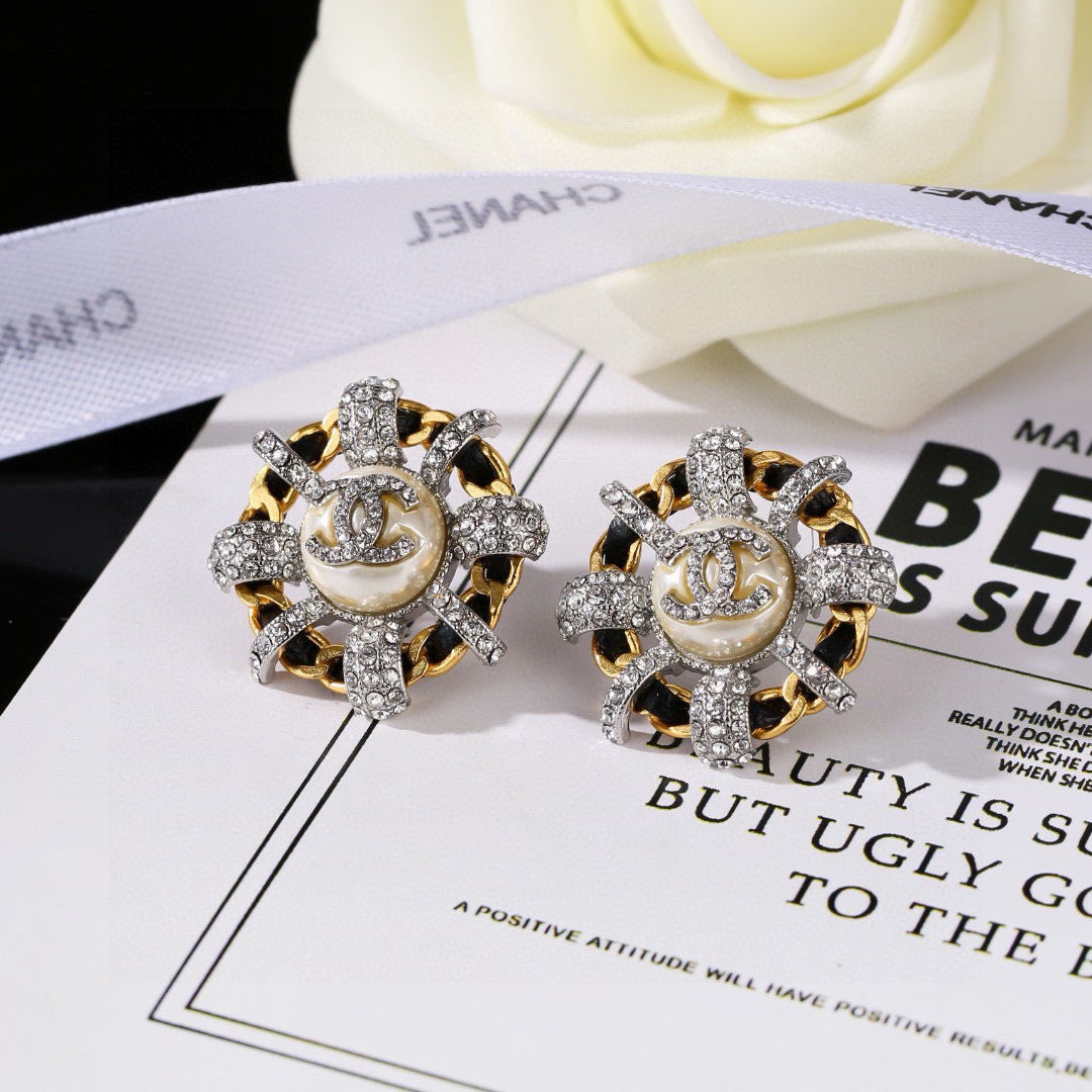 Chanel Mini Stud Silver Gold Black Diamond Earring