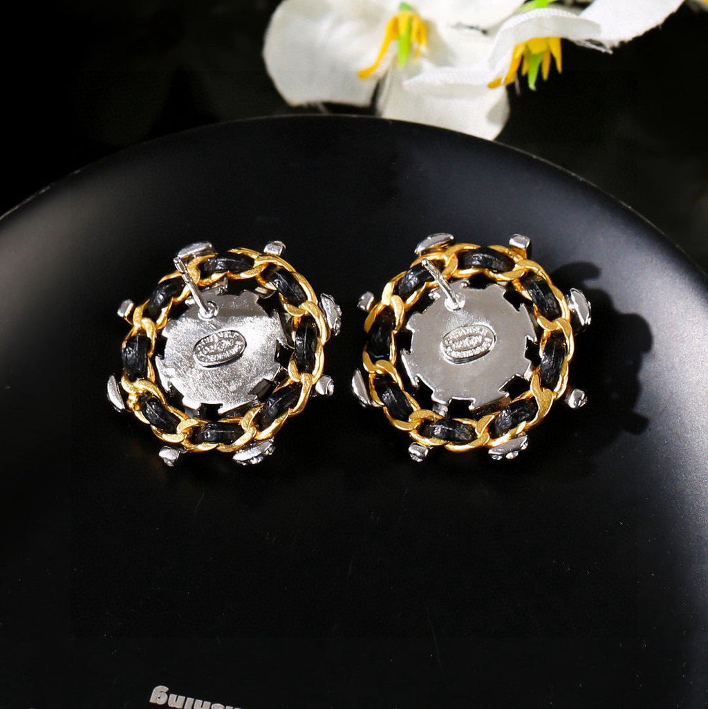 Chanel Mini Stud Silver Gold Black Diamond Earring