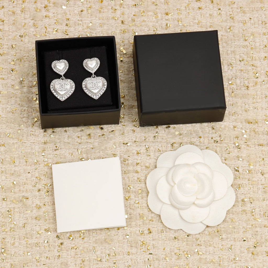 Chanel Double Heart Diamonds Silver Earrings